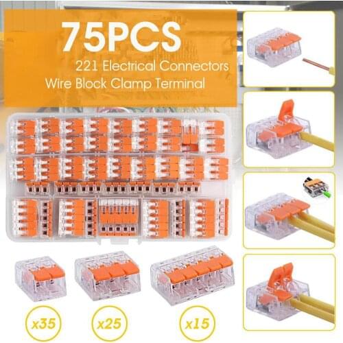 75Pcs Reusable Wago 221 Electrical Connectors Wire Block Clamp Terminal Cable For PCT-212/213/214/215/218