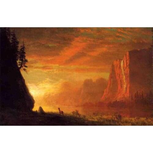 Large Beautiful Oil Painting Landscape Canvas Art Deer at Sunset by the River Albert Bierstadt Painting for Home Decor
