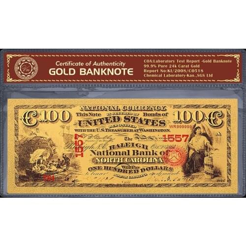 US Wishonor Color Banknote America 1875 Years USD 100 Dollar Banknote Gold Plated Fake Paper Money Replica For Collection
