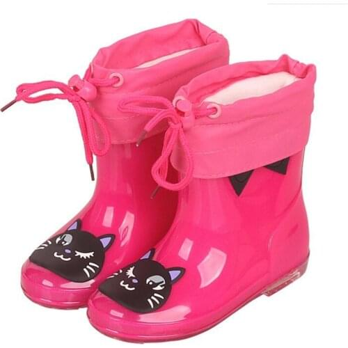 Children Rubber Rain Boots Kids PVC Baby Girls Cute Cat Plus Cotton Rain Shoes Pink Waterproof Ankle Boots Size 24-28
