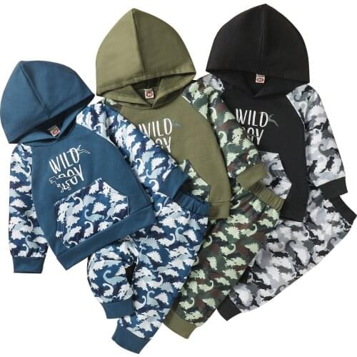 FOCUSNORM Newborn Baby Boys 2pcs Clothes Sets Letter Dinosaur Printed Long Sleeve Hooded Tops Pants 0-24M