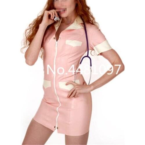 Latex Catsuit Pink with White Rubber Nurse Uniform Skirt Tights Dress Costumes Front Zip Sexy Halloween Costume for Women