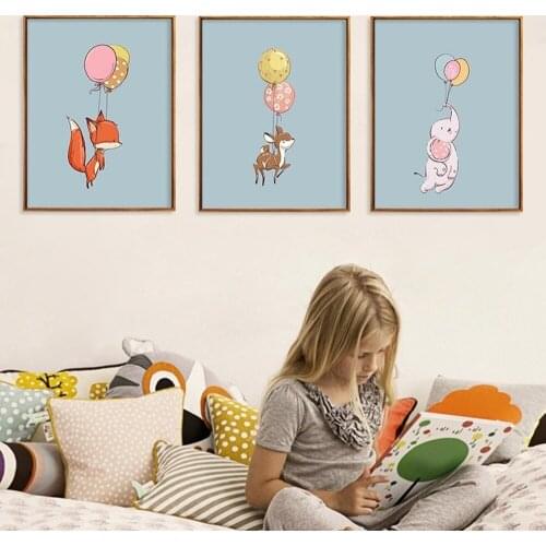 Cute Balloon Animal Print Canvas Painting Cartoon Fox Deer Elephant Flying Wall Art Poster Childrens Room Kindergarten Decor