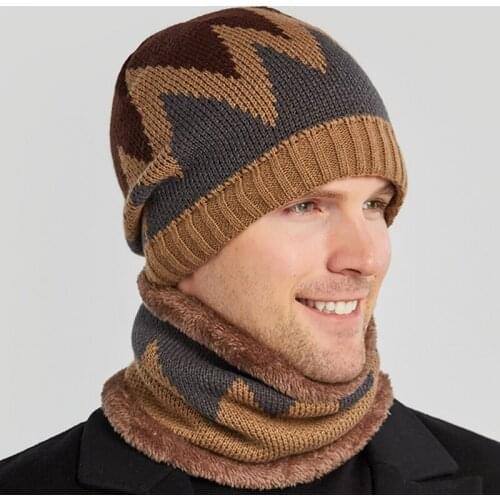 2020 NEW 2Pcs Men Winter Flame Pattern Knitted Beanie Hat Circle Scarf Set Cycling Windproof Plush Lined Skull Cap Neck Warmer