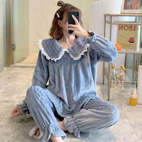 Pajamas Women Winter Coral Fleece Thickened Warm Autumn and Winter Korean Students Cute Long-sleeved Flannel Home Service Suit