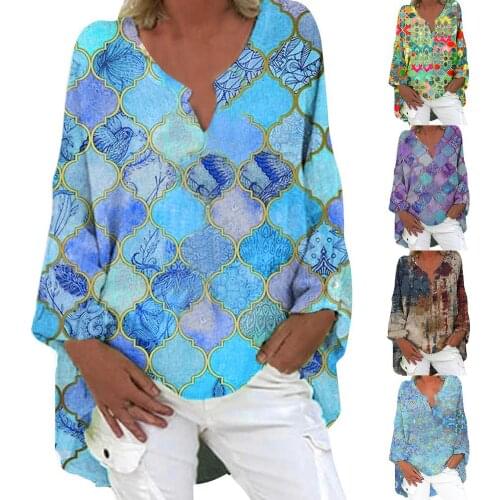Cotton and Linen Shirt Printed V-neck Long Sleeve Loose Top Plus Size Vintage T-Shirt Casual Loose Irregular Hem Geometric Print