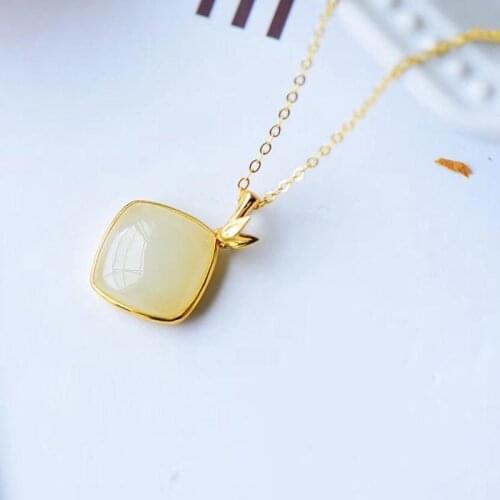 S925 Sterling Silver Inlaid Natural Hetian Jade White Jade Square Pendant Gilding Craft Elegant Retro Style Personalized Ornamen