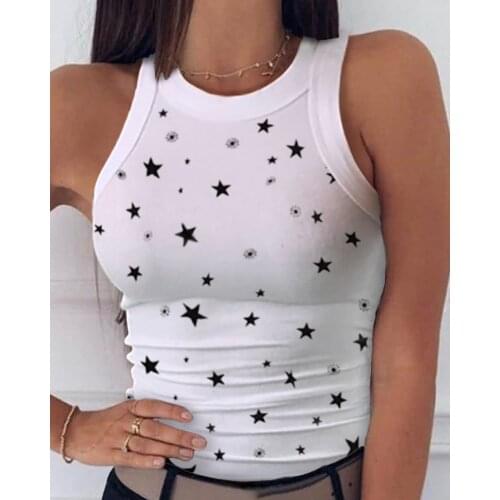 Summer New Sleeveless Casual Print Round Neck Tank Tops Random Print Basic Skinny Elastic Women Crop Top Binding