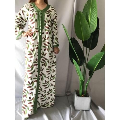 Turkey India Muslim Abaya Dress Women Middle East Long Robe Ribbon Leaves Print Maxi Dresses Arabic Dubai Islamic Clothes kaftan