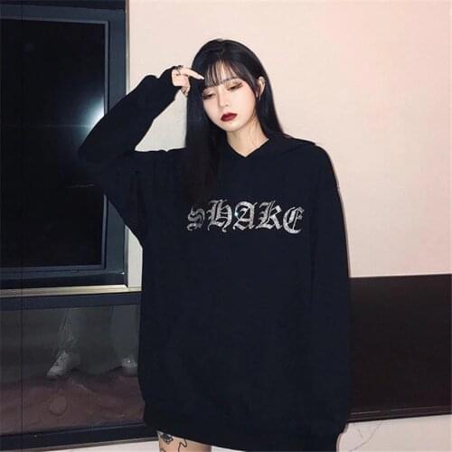 Y2K Rhinestone Oversized Hoodies E-girl Vintage Solid Letter Long Sleeve Tops Punk Gothic Black Sweatshirts Dropshipping Clothes