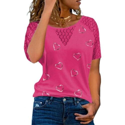 T-shirt Lace Stitching Hearts Printing Thin Female Ladies Round Neck Short Sleeve Blouse for Going Out