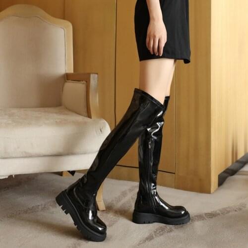 Vintage Over The Knee Long Boots Women 2021 Autumn Winter Patent Leather Platform Chunky Mid Heels Side Zipper Thigh High Boots