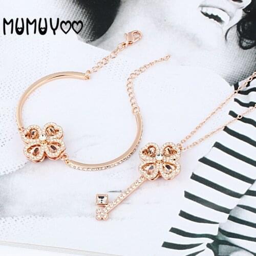 High Quality Charm Rose Gold Rotatable Four-leaf Clover Key Woman Pendant Necklace Rotating Four-leaf Clover Women Bracelet Set