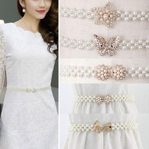 2021 Elegant Pearl Belt Waist Women Elastic Chain Belts Dress Strap Female Crystal Gift Womens Belt Flower Buckle Waistband