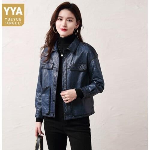 Women Biker Sheepskin Coat Vintage Office Genuine Leather Jackets Streetwear Single Breasted Loose Cargo Outerwear Female