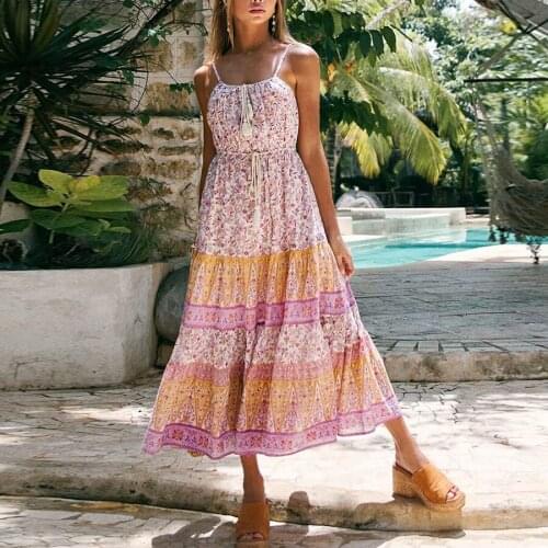 TEELYNN boho sleeveless long strap dresses women beach wear robe 2020 vintage cotton pink floral pirnt casual summer vestidos