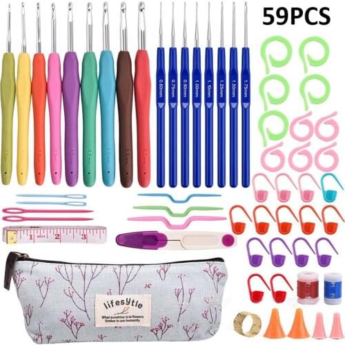 59Pcs Crochet Hook Kit Aluminum Sewing Needles TPR Handle Knitting Needles Hook Kit with Storage Bag DIY Sweater Knitting Tool
