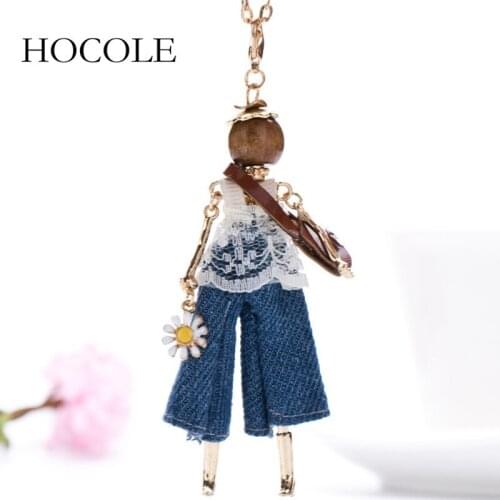 HOCOLE Fashion Lovely French Doll Necklace Cloth Dress Long Chain Princess Pendant Maxi Necklaces Spring Jewelry for Womens Girl