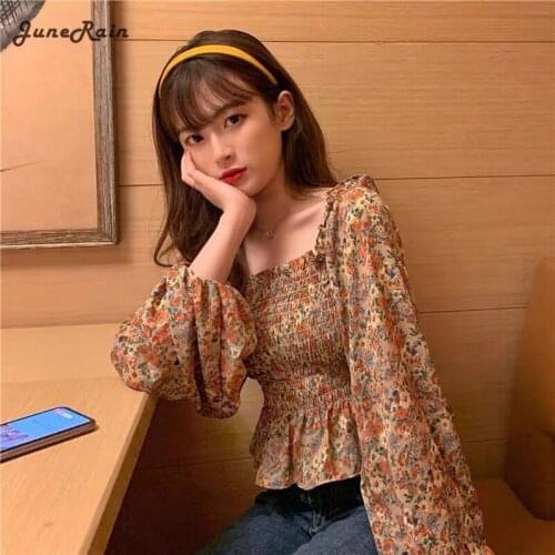 JuneRain Vintage Puff Long Slevee Floral Blouse French Women Square Collar Korean Tops 2021 New Spring Flower Shirt Women Casual