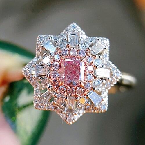 Chic Princess Pink Crystal Zircon Diamonds Gemstones Flower Rings for Women White Gold Silver Color Fine Jewelry Bague Bijoux