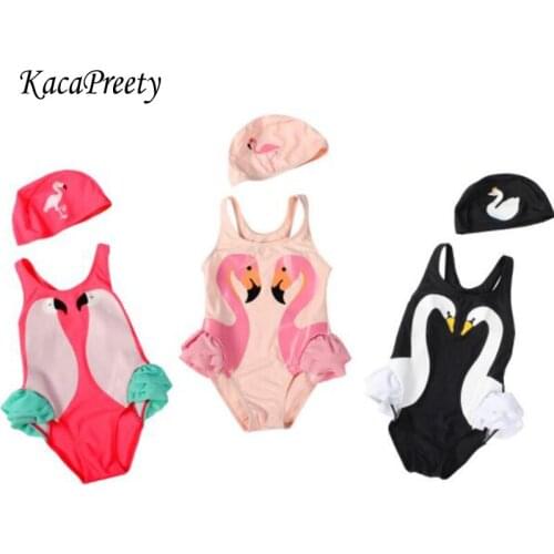 Toddler girls bikini summer cartoon swan/parrot printing swimwear children sleeveless swim suit kids beach clothes