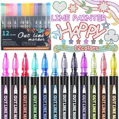 12 Color/Set Metallic Color Marker Pens Glitter Outline Pens Drawing DIY Photo Album Scrapbooking Making Card Art Supplie