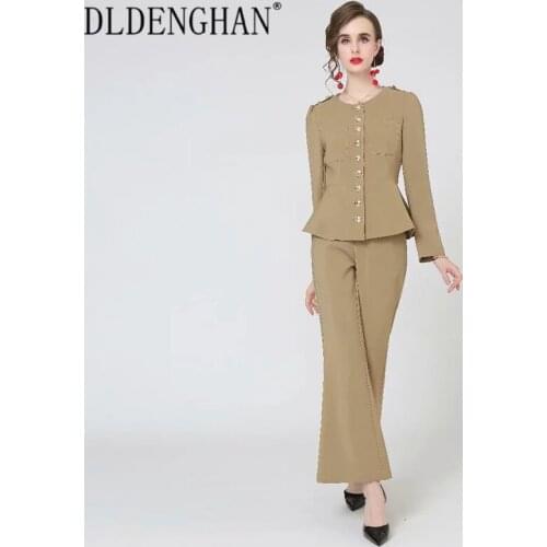 DLDENGHAN Runway Designer Autumn Suit Women O-Neck Single Breasted Coat + Flare Pants Solid Office Lady Two Piece Set