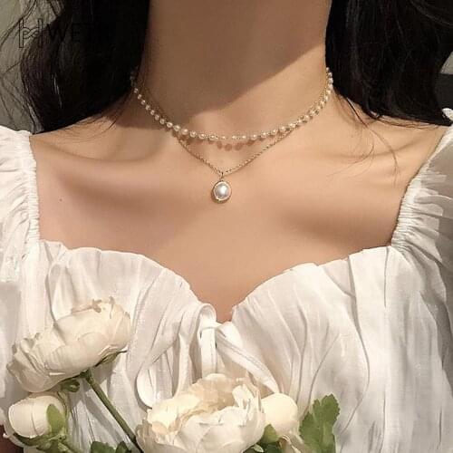 Fashion Pearl Choker Necklace Women Cute Girl Double Layer Chain Silver Gold Pendant Necklaces Jewelry Woman