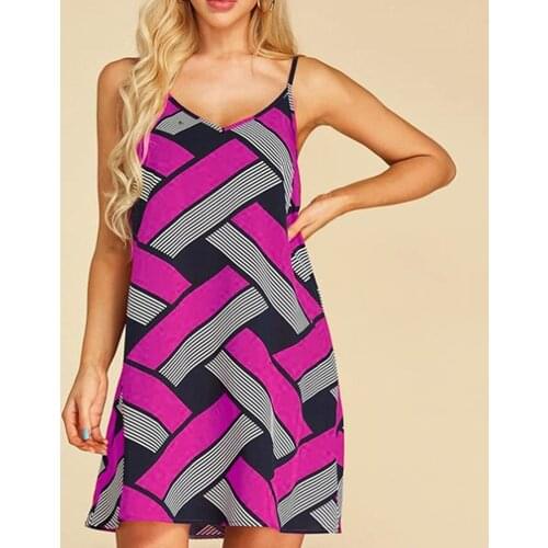 Fashion Women Summer Spaghetti Strap Bohemian Casual Geometry Printed Holiday Party Loose Beach Mini Dress Sundress Vestidos#35