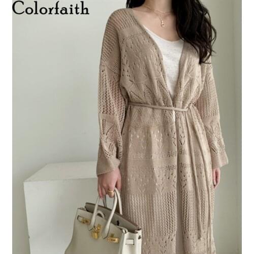 Colorfaith New 2020 Autumn Winter Womens Sweaters Korean Lace Up Fashionable Minimalist Cutout Casual Long Cardigans SWC2085
