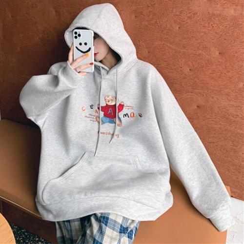New Autumn Hoodie Women Harajuku Cartoon Pattern Hoodie Cute Bear Embroidery Hoodie Loose Hooded Pullover Casual Hoodies Thick