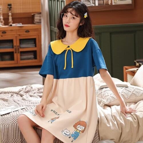 New Plus Size Sleep Dress Women Cotton Cartoon Loose Nightgowns Ladies Night Wear Summer Home Clothes Girls Fashion Sleepwear