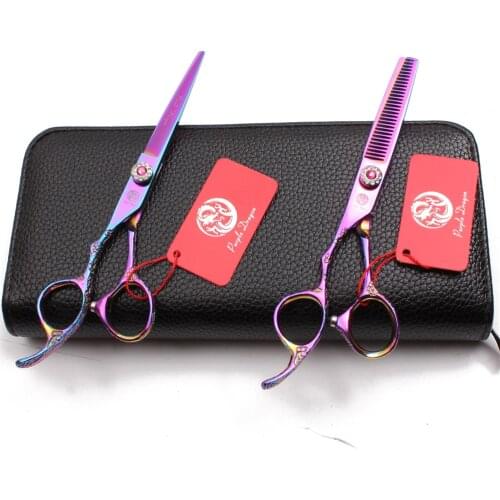 2Pcs Left-Hand 5.5" JP 440C Purple Dragon Hairdressing Scissors Cutting Shears Thinning Shears Professional Hair Scissors Z8002