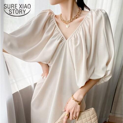 2021 French Loose Party Dress V Neck Lantern Sleeve Long Dresses Apricot Maxi Dress Plus Size Women Clothing Vestidos 14817