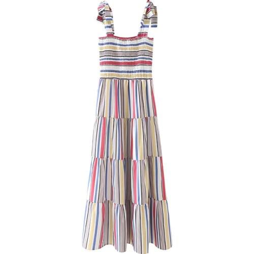 Bohemian Striped Midi Dresses for Women Summer Sexy Spaghetti Strap Pleated Chiffon Dress Vetement Femme 2021