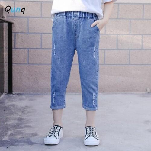 Qunq Girls Jeans Calf-length 2021 Summer Kids Denim Pants for Girl 3 4 5 6 7 8 9 10 11 12 Year Toddler Teens Children Trosuers