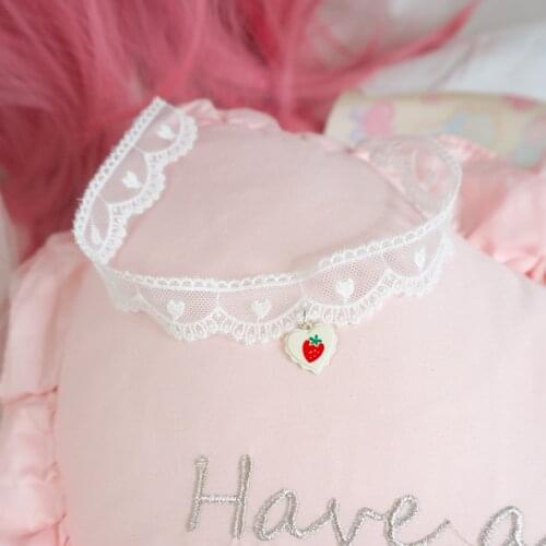 Handmade Japanese Style Cute Sister Heart-Shaped Lace Collar Strawberry Necklace Daily Fairy Choker Short Neck Band