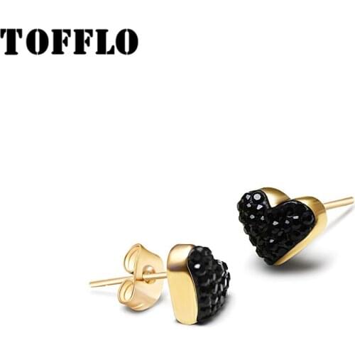 TOFFLO Stainless Steel Jewelry Black Zircon Heart Earrings Sweet And Simple Earrings For Women BSF091