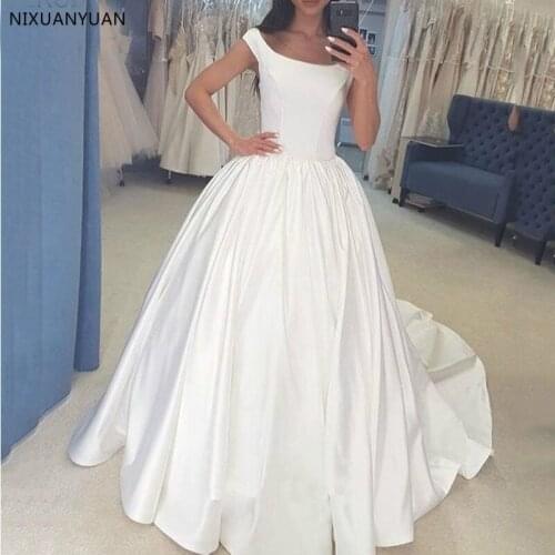 White Ivory Satin Wedding Dresses Cap Sleeves Princess Ball Gown Lace Up Back Bride Dresses Wedding Gowns Robe De Mariee