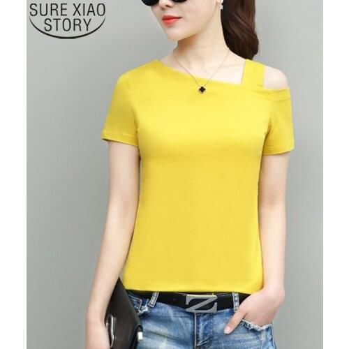 2020 Summer Women Slim Fit Sexy Slash Neck Solid Short Sleeve T-shirt Fashion Korean Womens Clothing Tees Tshirt Shirts 9509