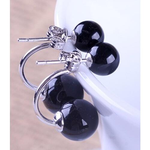 S925 Silver Earring Smooth Red & Black Stone Stud Earring For Women Wedding Gift Lady Girl Fashion Zircon Jewelry