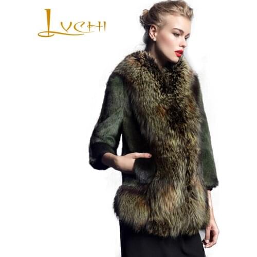 LVCHI Winter 2019 Import Real Mink Fur Coats With Fox Fur Collar Womens Natural Fur Striped Three Quarter Medium Mink Coats