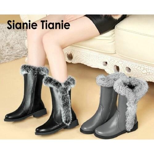 Sianie Tianie 2020 winter warm rabbit fur fleece inside woman snow boots round toe med heels women mid-calf boots plus size 46