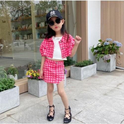 2021 Korea style girls 2 pcs denim set shirt+skirt plaid fashion summer girls suit 3-8t B223