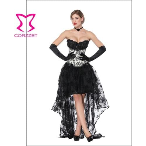 Corzzet Gothic Black Floral Splice Lace Overbust Corset And Skirts Sexy Bustiers Burlesque Women Costume Steampunk Dress