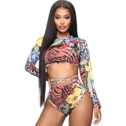 Long Sleeves Lace Swimsuit Women High Waist Bikini Set Print Swimwear Female Retro Bathing Suits Summer Beach Wear Swimming Suit