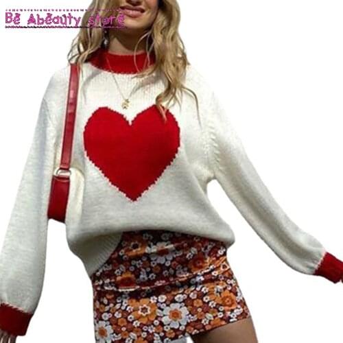 Heart Printing Kawaii Knitted Sweater Women Long Sleeve Sweater Y2k Aesthetic Casual Streetwear Spring Autumn Sweaters