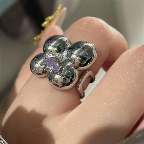 Origin Summer Hyperbole Metallic Flower Charm Rings for Women Shiny Purple CZ Cubic Zirconia Adjusting Ring Summer Accessories