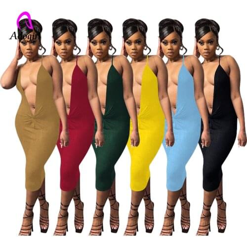 Knitted Ribbed Women Midi Dress Halter Deep V Neck Dress 2021 Autumn Workout Activewear Sexy Backless Night Club Party Vestidos
