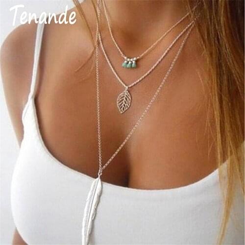 Tenande Vintage 3 Layered Chain Bohemian Seed Beads Leaves Necklaces & Pendants Big Alloy Feather Statement Necklaces for Women